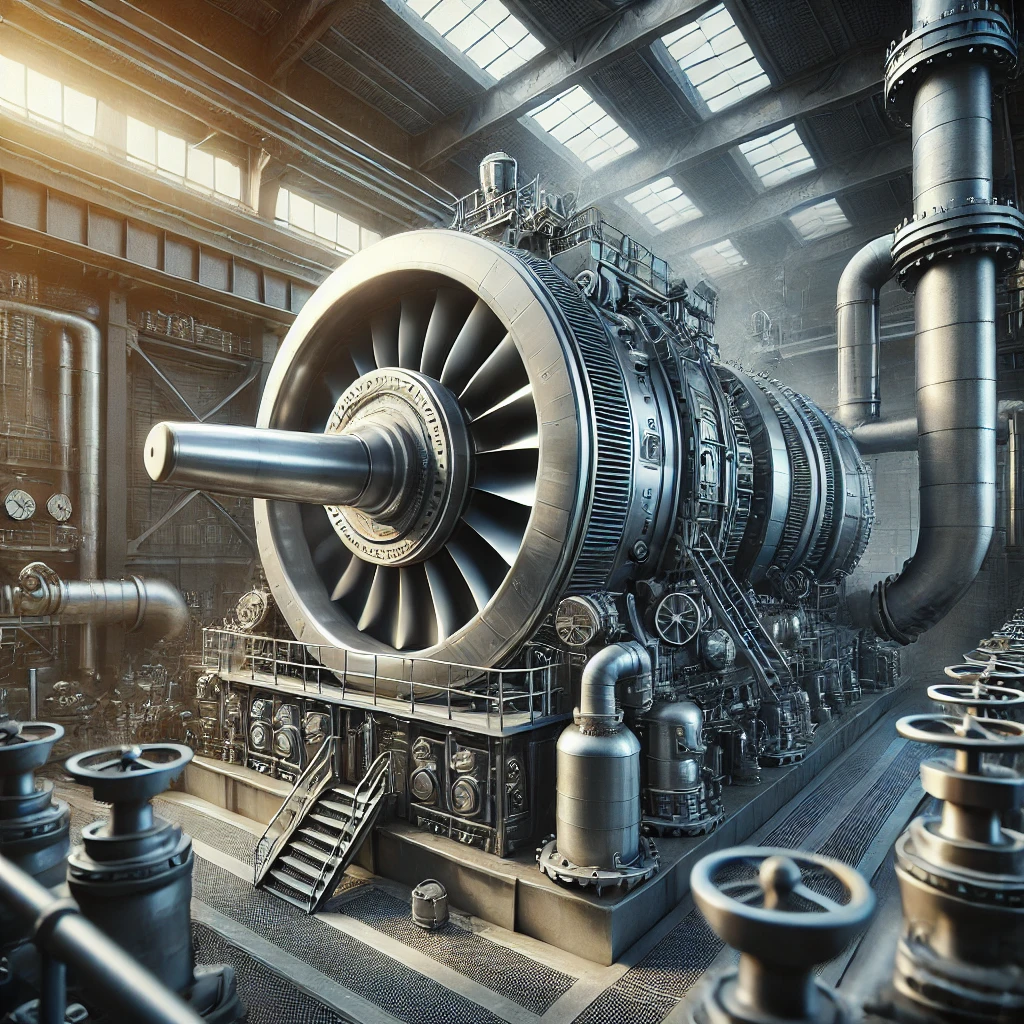 Dall·e 2024 09 26 10.51.32 A High Quality Image Representing A Steam Turbine In An Industrial Setting. The Turbine Should Be Large, With Detailed Components Such As The Blades A