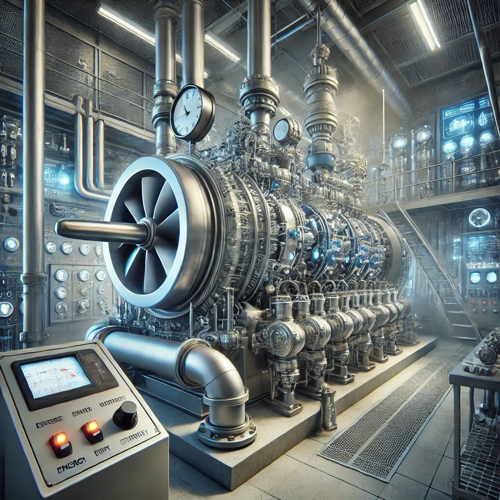 Dall·e 2024 09 26 14.19.52 A Detailed Image Showing A Modern Steam Turbine In Operation Inside An Industrial Setting. The Turbine Should Be Connected To Advanced Control Systems